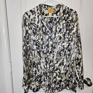 Ruby Rd. Camo Metallic Shirt Tunic Blouse Safari Utility Print Size 14